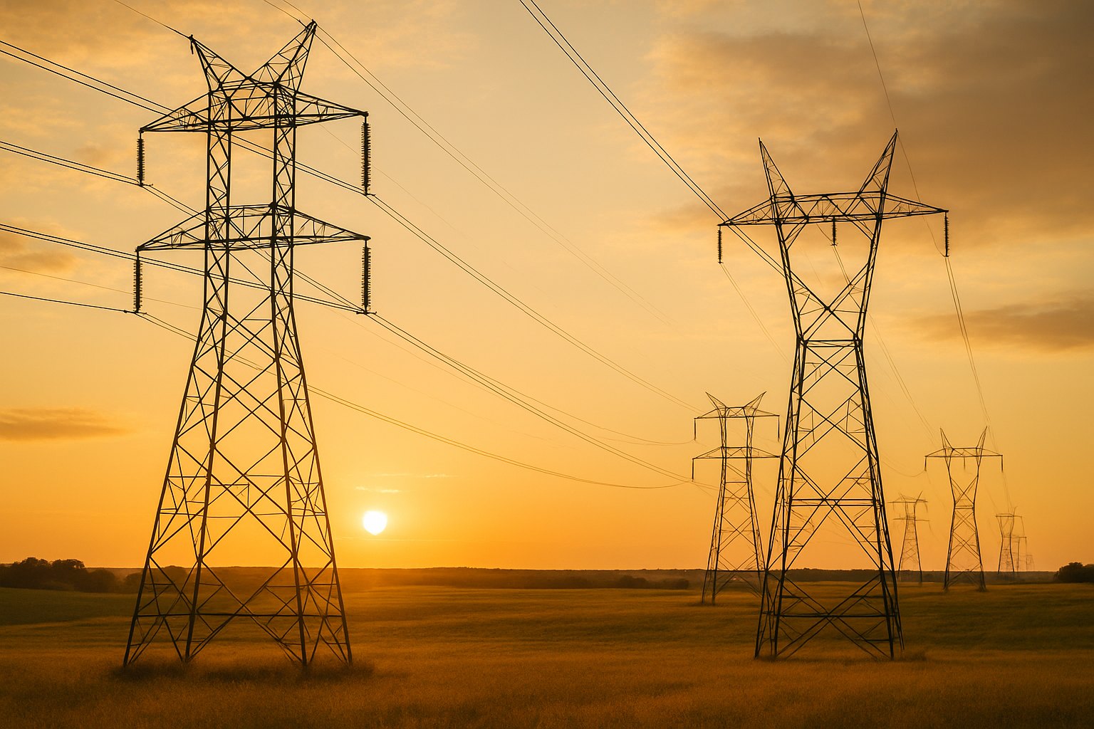 Linhas de transmissão de energia ao entardecer