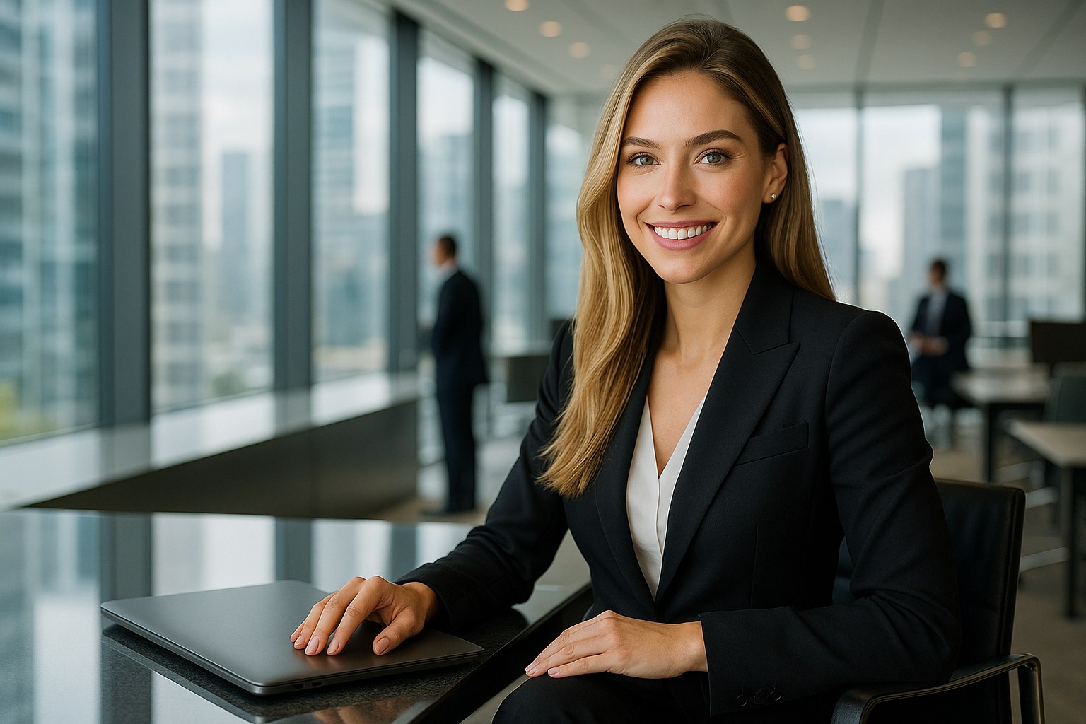 Executiva sorrindo em escritório, com notebook sobre a mesa